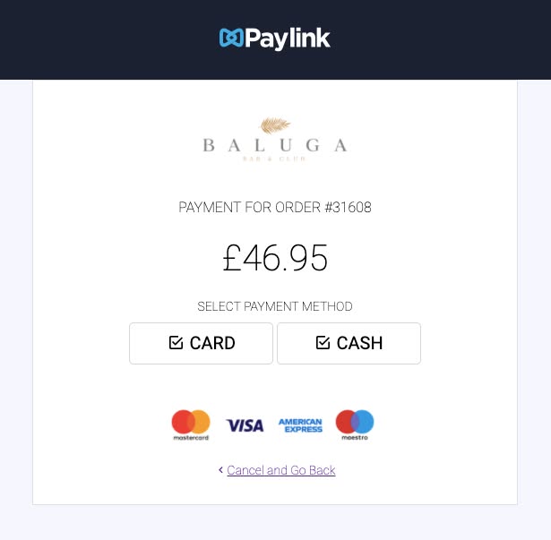 Table Order payment screen